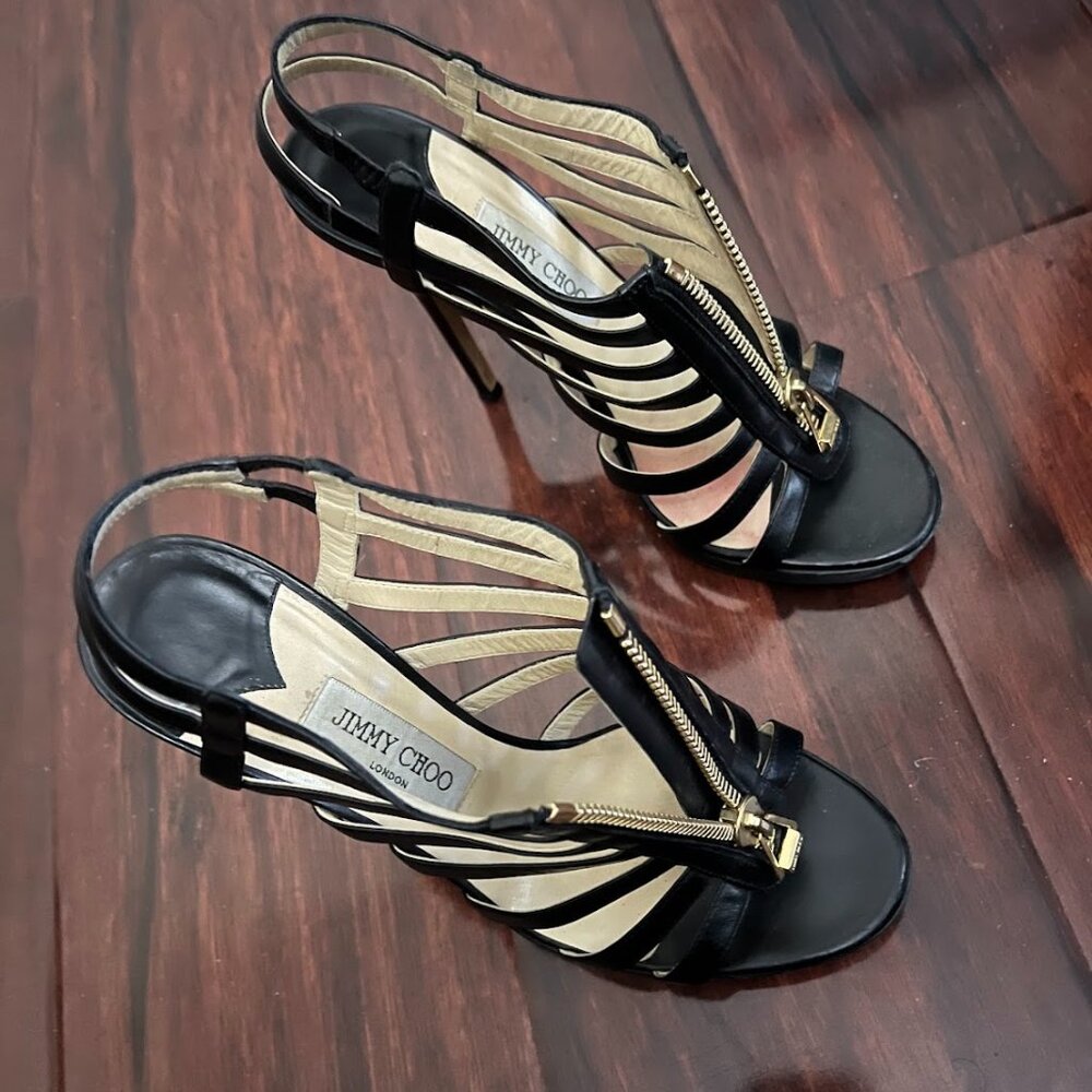 JIMMY CHOO Heels Black GLENYS Gladiator Multistrap Caged Sandals Size 41